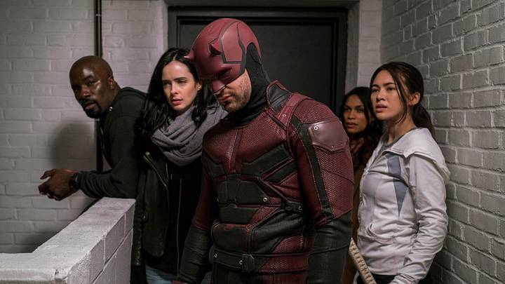 Mike Colter as Luke Cage, Krysten Ritter as Jessica Jones, Rosario Dawson as Claire Temple, Charlie Cox as Matt Murdock / Daredevil, and Jessica Henwick as Colleen Wing in Marvel's The Defenders. Photo Courtesy: Sarah Shatz/Netflix