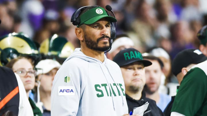 Aug 30, 2025; Seattle, Washington, USA; Colorado State Rams head coach Jay Norvell stands on the sideline during the second quarter against the Washington Huskies at Husky Stadium. Mandatory Credit: Joe Nicholson-Imagn Images