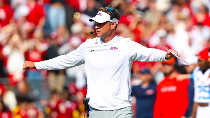 Oct 25, 2025; Norman, Oklahoma, USA;  Ole Miss Rebels head coach Lane Kiffin during the game against the Oklahoma Sooners at Gaylord Family-Oklahoma Memorial Stadium. Mandatory Credit: Kevin Jairaj-Imagn Images