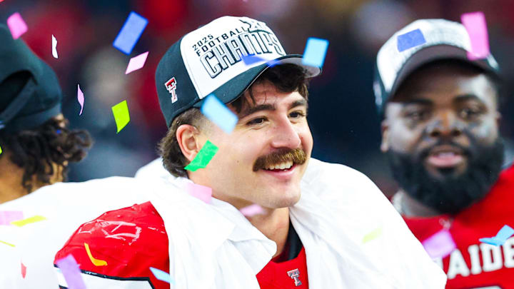 Texas Tech Red Raiders linebacker Jacob Rodriguez (10) celebrates after the game against the BYU Cougars at AT&T Stadium.
