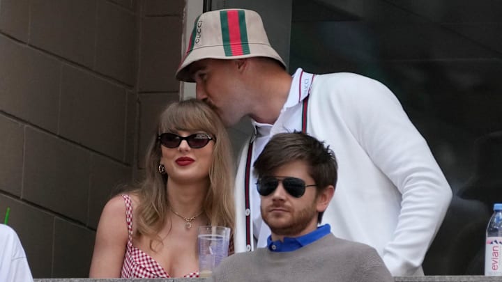 Recording artist Taylor Swift and Kansas City Chiefs tight end Travis Kelce look on during the men's singles final of the 2024 U.S. Open tennis tournament at USTA Billie Jean King National Tennis Center in Flushing, New York on Sept. 8, 2024.