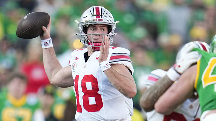 Ohio State Buckeyes quarterback Will Howard (18) throws during the first half of the College Football Playoff quarterfinal against the Oregon Ducks at the Rose Bowl in Pasadena, Calif. on Jan. 1, 2025. Ohio State Buckeyes quarterback Will Howard (18) throws during the first half of the College Football Playoff quarterfinal against the Oregon Ducks at the Rose Bowl in Pasadena, Calif. on Jan. 1, 2025.