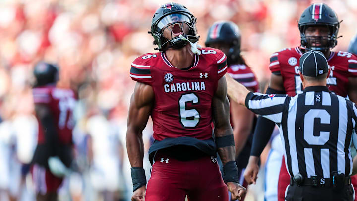 Aug 31, 2024; Columbia, South Carolina, USA; South Carolina Gamecocks edge Dylan Stewart (6) celebrates after a sack against the Old Dominion Monarchs in the second quarter at Williams-Brice Stadium. Mandatory Credit: Jeff Blake-Imagn Images