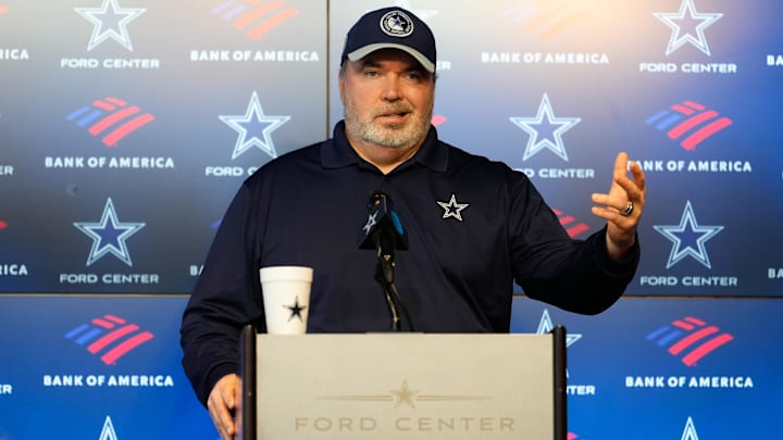 Dallas Cowboys head coach Mike McCarthy addresses the media before practice at the Ford Center at the Star Training Facility in Frisco, Texas.
