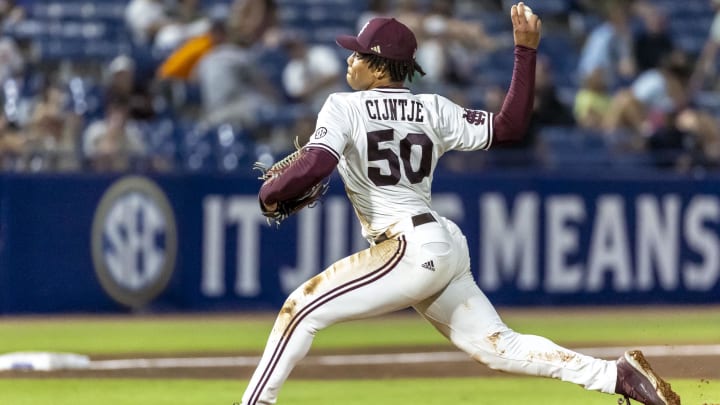 May 23, 2024; Hoover, AL, USA; Mississippi State Bulldogs pitcher Jurrangelo Cijntje (50) pitches against the Vanderbilt Commodores during the SEC Baseball Tournament at Hoover Metropolitan Stadium. May 23, 2024; Hoover, AL, USA; Mississippi State Bulldogs pitcher Jurrangelo Cijntje (50) pitches against the Vanderbilt Commodores during the SEC Baseball Tournament at Hoover Metropolitan Stadium.