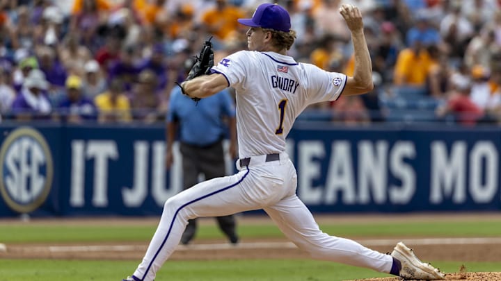 May 25, 2024; Hoover, AL, USA; LSU Tigers pitcher Gavin Guidry (1) pitches against the South Carolina Gamecocks in the tenth inning during the SEC Baseball Tournament at Hoover Metropolitan Stadium. Mandatory Credit: Vasha Hunt-Imagn Images