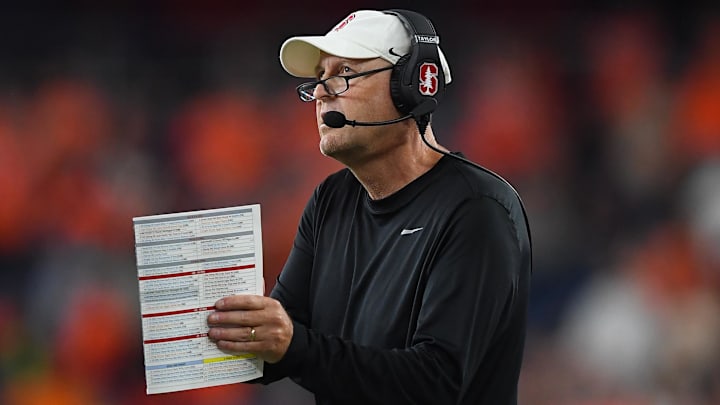 Sep 20, 2024; Syracuse, New York, USA; Stanford Cardinal head coach Troy Taylor calls a time out against the Syracuse Orange during the second half at the JMA Wireless Dome. Mandatory Credit: Rich Barnes-Imagn Images Sep 20, 2024; Syracuse, New York, USA; Stanford Cardinal head coach Troy Taylor calls a time out against the Syracuse Orange during the second half at the JMA Wireless Dome. Mandatory Credit: Rich Barnes-Imagn Images