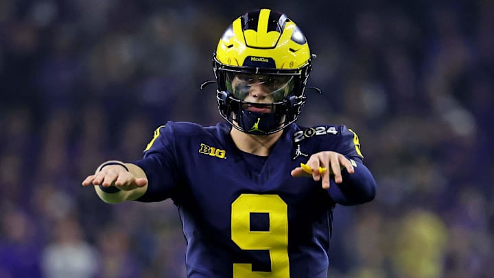 Jan 8, 2024; Houston, TX, USA; Michigan Wolverines quarterback J.J. McCarthy (9) reacts during the