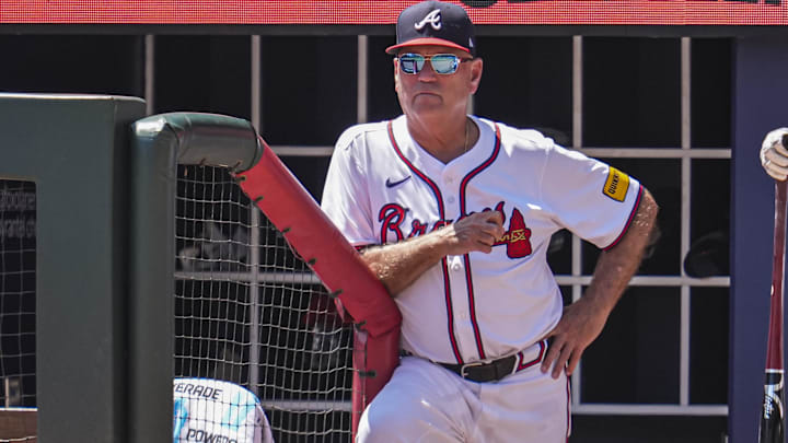 Aug 25, 2024; Cumberland, Georgia, USA; Atlanta Braves manager Brian Snitker (43) shown in the dugout during the game against the Washington Nationals during the ninth inning at Truist Park. Mandatory Credit: Dale Zanine-Imagn Images