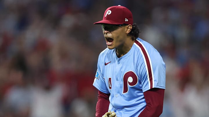 Sep 11, 2025; Philadelphia, Pennsylvania, USA; Philadelphia Phillies pitcher Jesús Luzardo (44) reacts after pitching a strike out to end the New York Mets eighth inning at Citizens Bank Park. Mandatory Credit: Bill Streicher-Imagn Images