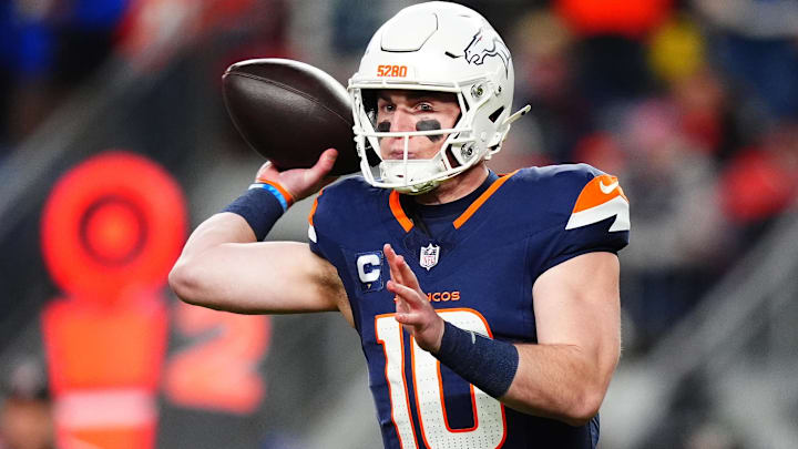 Dec 2, 2024; Denver, Colorado, USA; Denver Broncos quarterback Bo Nix (10) passes the ball in the first quarter against the Cleveland Browns at Empower Field at Mile High. 