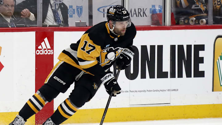 Apr 15, 2024; Pittsburgh, Pennsylvania, USA; Pittsburgh Penguins right wing Bryan Rust (17) skates with the puck against the Nashville Predators during the second period at PPG Paints Arena. Mandatory Credit: Charles LeClaire-Imagn Images Apr 15, 2024; Pittsburgh, Pennsylvania, USA; Pittsburgh Penguins right wing Bryan Rust (17) skates with the puck against the Nashville Predators during the second period at PPG Paints Arena. Mandatory Credit: Charles LeClaire-Imagn Images