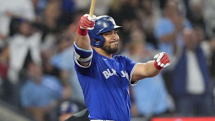 Anthony Santander reacts after hitting a foul ball against the Boston Red Sox during the third inning at Rogers Centre.