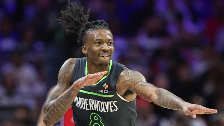 Apr 3, 2026; Philadelphia, Pennsylvania, USA; Minnesota Timberwolves guard Bones Hyland (8) reacts to his three pointer against the Philadelphia 76ers during the second quarter at Xfinity Mobile Arena. Mandatory Credit: Bill Streicher-Imagn Images