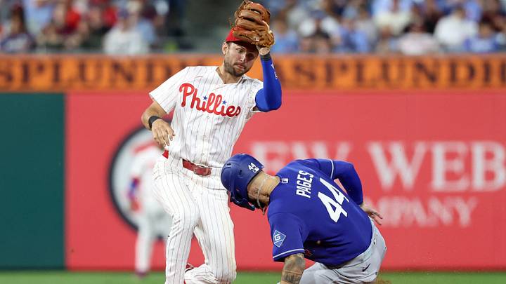 Jul 22, 2026; Philadelphia, Pennsylvania, USA; Los Angeles Dodgers center fielder Andy Pages (44) steals second base past Philadelphia Phillies shortstop Trea Turner (7) during the eighth inning at Citizens Bank Park. Mandatory Credit: Bill Streicher-Imagn Images