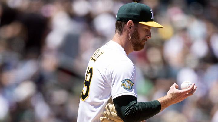 May 31, 2026: Athletics pitcher Michael Kelly (49) looks at the ball after walking the first New York Yankees batter he faced during the third inning at Sutter Health Park. 