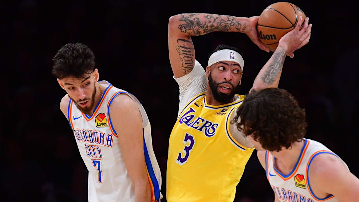 Mar 4, 2024; Los Angeles, California, USA; Los Angeles Lakers forward Anthony Davis (3) gets the
