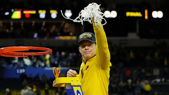 Apr 6, 2026; Indianapolis, IN, USA; Michigan Wolverines head coach Dusty May after winning the National Championship. Apr 6, 2026; Indianapolis, IN, USA; Michigan Wolverines head coach Dusty May after winning the National Championship.