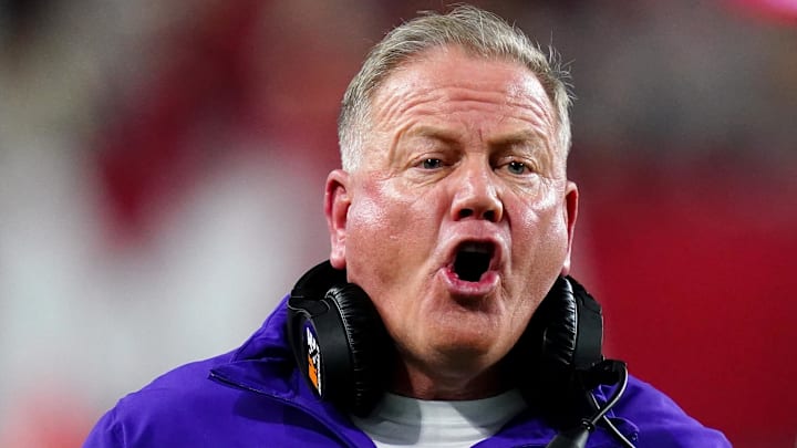 Nov 4, 2023; Tuscaloosa, Alabama, USA; LSU Tigers head coach Brian Kelly yells to a side judge during the second half against the Alabama Crimson Tide at Bryant-Denny Stadium. Alabama Crimson Tide defeated the LSU Tigers 42-28. 