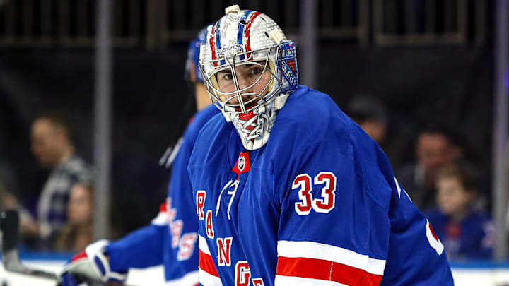 Dec 8, 2024; New York, New York, USA; New York Rangers goalie Dylan Garand (33) warms up before his NHL debut against the Seattle Kraken at Madison Square Garden. Mandatory Credit: Danny Wild-Imagn Images