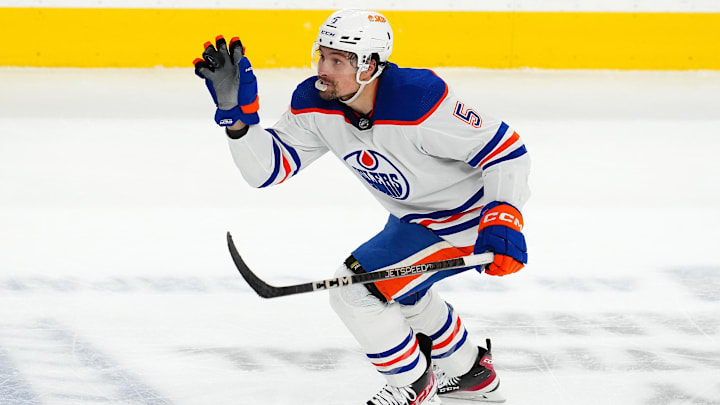 May 3, 2023; Las Vegas, Nevada, USA; Edmonton Oilers defenseman Cody Ceci (5) gloves a loose puck