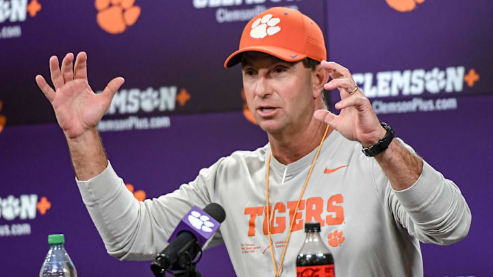 Clemson football head coach Dabo Swinney talks with media before the first football practice at the Allen N. Reeves Football Complex at Clemson University in Clemson, S.C. Friday, February 28, 2025.