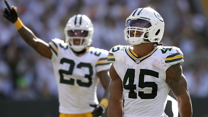 Green Bay Packers linebacker Eric Wilson (45) and cornerback Jaire Alexander (23)