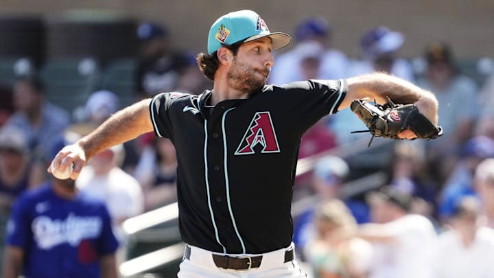 Arizona Diamondbacks pitcher Zac Gallen (23) throws to the Los Angeles Dodgers in the first inning on Feb. 25, 2026, at Salt River Fields in Scottsdale.