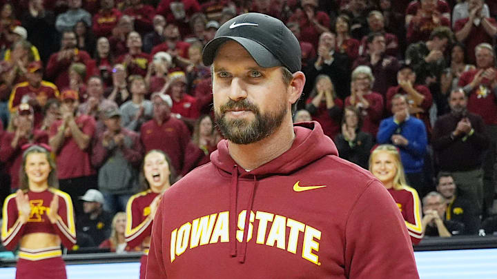 Iowa State football coach Jimmy Rogers speaks during a timeout in the first half in the Iowa State and Iowa men’s basketball Cy-Hawk series at Hilton coliseum on Dec. 11, 2025, in Ames, Iowa.