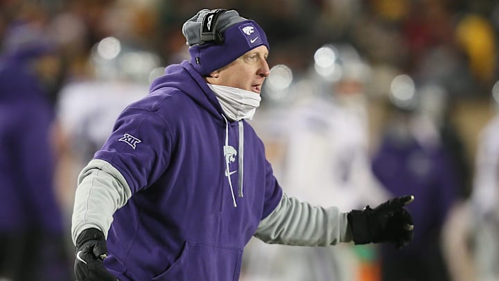Kansas State Wildcats head coach Chris Klieman reacts from the sideline during the second quarter in the NCAA football at Jack Trice Stadium on Saturday, Nov. 30, 2024, in Ames, Iowa.