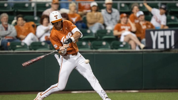Texas Longhorns outfielder Will Gasparino (8) bats during the Longhorns' game against Houston Christian, April 8, 2025 at UFCU Disch-Falk Field in Austin. Texas Longhorns outfielder Will Gasparino (8) bats during the Longhorns' game against Houston Christian, April 8, 2025 at UFCU Disch-Falk Field in Austin.