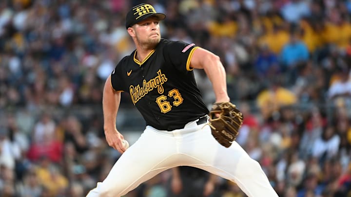 Aug 24, 2024; Pittsburgh, Pennsylvania, USA; Pittsburgh Pirates pitcher Hunter Stratton (63) throws to the Cincinnati Reds at PNC Park. Mandatory Credit: Philip G. Pavely-Imagn Images Aug 24, 2024; Pittsburgh, Pennsylvania, USA; Pittsburgh Pirates pitcher Hunter Stratton (63) throws to the Cincinnati Reds at PNC Park. Mandatory Credit: Philip G. Pavely-Imagn Images