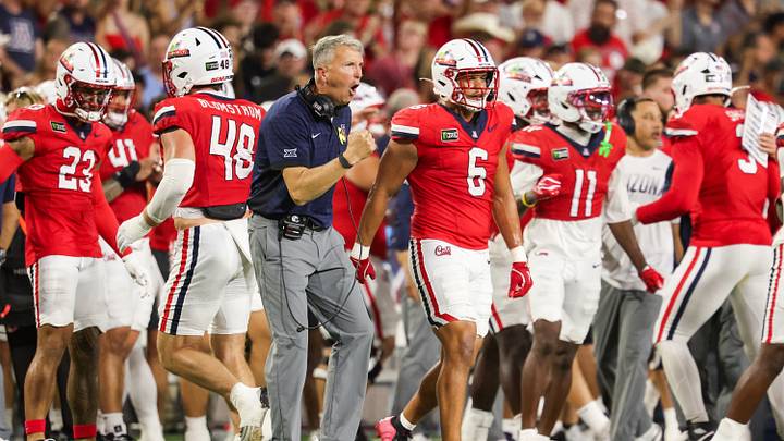 Sep 19, 2026; Tucson, Arizona, USA; Arizona Wildcats head coach Brent Brennan celebrates during the first quarter of the game against the Northern Illinois Huskies at Casino Del Sol Stadium. Sep 19, 2026; Tucson, Arizona, USA; Arizona Wildcats head coach Brent Brennan celebrates during the first quarter of the game against the Northern Illinois Huskies at Casino Del Sol Stadium.
