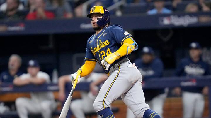 Milwaukee Brewers catcher William Contreras (24) hits a double scoring Milwaukee Brewers designated hitter Christian Yelich (22) during the sixth inning against the Tampa Bay Rays during Game 5 of the World Series at Tropicana Field in St. Petersburg, Fla. on Oct 28, 2026. Milwaukee Brewers catcher William Contreras (24) hits a double scoring Milwaukee Brewers designated hitter Christian Yelich (22) during the sixth inning against the Tampa Bay Rays during Game 5 of the World Series at Tropicana Field in St. Petersburg, Fla. on Oct 28, 2026.