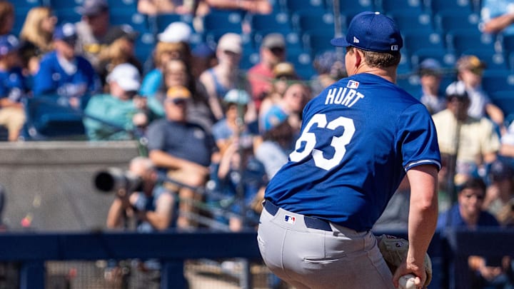 Mar 2, 2024; Phoenix, Arizona, USA; Los Angeles Dodgers pitcher Kyle Hurt (63) on the mound in the