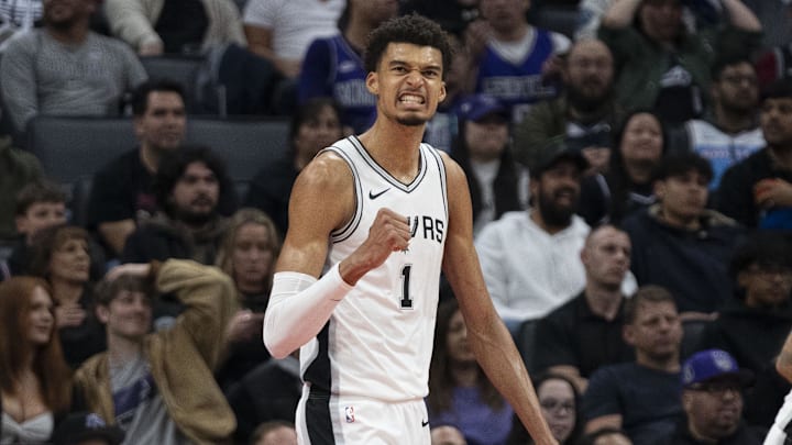 December 1, 2024; Sacramento, California, USA; San Antonio Spurs center Victor Wembanyama (1) celebrates against the Sacramento Kings during the fourth quarter at Golden 1 Center. Mandatory Credit: Kyle Terada-Imagn Images