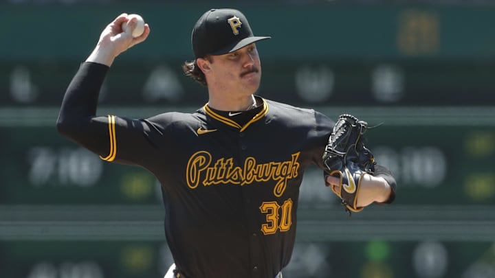 Aug 28, 2024; Pittsburgh, Pennsylvania, USA;  Pittsburgh Pirates starting pitcher Paul Skenes (30) delivers a pitch against the Chicago Cubs during the first inning at PNC Park. Mandatory Credit: Charles LeClaire-Imagn Images