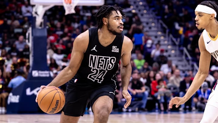 Nov 11, 2024; New Orleans, Louisiana, USA;  Brooklyn Nets guard Cam Thomas (24) dribbles against the New Orleans Pelicans during the first half at Smoothie King Center. Mandatory Credit: Stephen Lew-Imagn Images