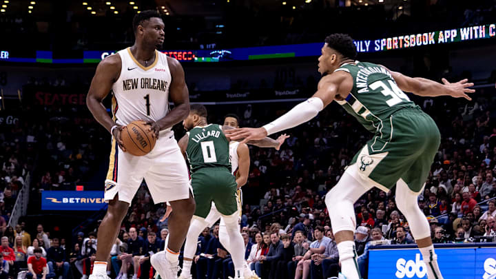 New Orleans Pelicans forward Zion Williamson (1) looks to pass the ball against Milwaukee Bucks forward Giannis Antetokounmpo (34) during the second half at Smoothie King Center. Mandatory Credit: Stephen Lew-Imagn Images New Orleans Pelicans forward Zion Williamson (1) looks to pass the ball against Milwaukee Bucks forward Giannis Antetokounmpo (34) during the second half at Smoothie King Center. Mandatory Credit: Stephen Lew-Imagn Images