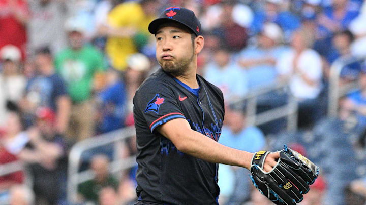 Toronto Blue Jays starting pitcher Yusei Kikuchi (16) watches the flight of a home run hit by Boston Red Sox designated hitter Tyler O'Neill.
