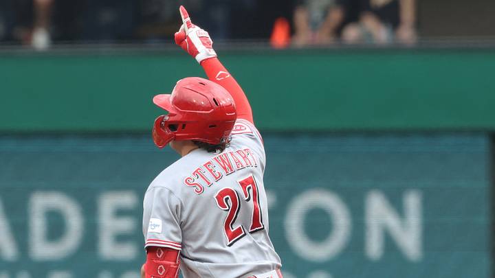 Jun 27, 2026; Pittsburgh, Pennsylvania, USA; Cincinnati Reds third baseman Sal Stewart (27) gestures as he circles the bases on a solo home run against the Pittsburgh Pirates during the first inning at PNC Park. Mandatory Credit: Charles LeClaire-Imagn Images Jun 27, 2026; Pittsburgh, Pennsylvania, USA; Cincinnati Reds third baseman Sal Stewart (27) gestures as he circles the bases on a solo home run against the Pittsburgh Pirates during the first inning at PNC Park. Mandatory Credit: Charles LeClaire-Imagn Images