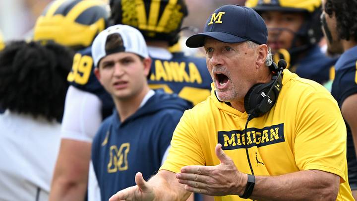 Sep 12, 2026; Ann Arbor, Michigan, USA;  Michigan Wolverines head coach Kyle Whittingham reacts to a call during the first quarter against the Oklahoma Sooners at Michigan Stadium.  Mandatory Credit: Lon Horwedel-Imagn Images