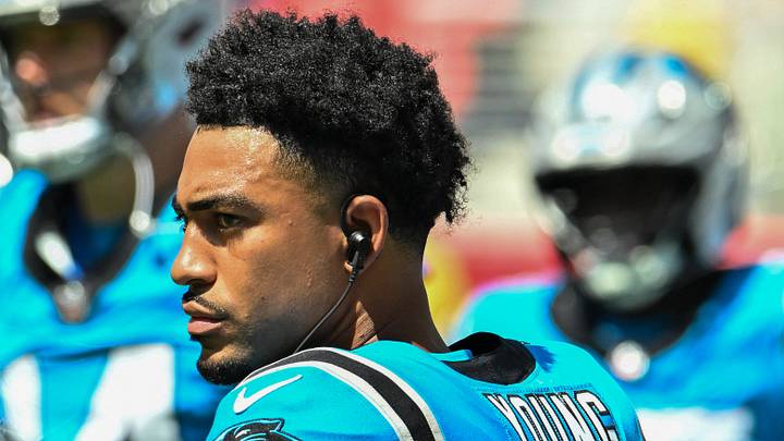 Carolina Panthers quarterback Bryce Young (9) watches from the sideline Carolina Panthers quarterback Bryce Young (9) watches from the sideline