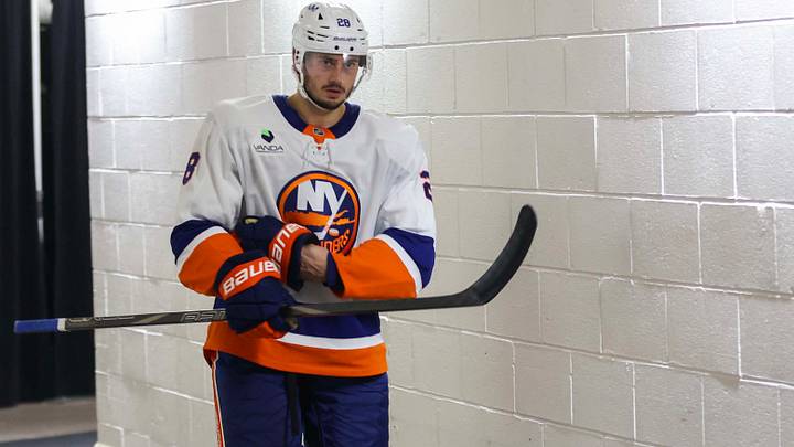 Oct 6, 2026; New York, New York, USA;  New York Islanders defenseman Alexander Romanov (28) during the game against the New York Rangers at Madison Square Garden. Mandatory Credit: Wendell Cruz-Imagn Images