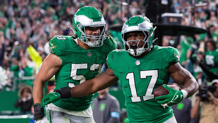 Nov 3, 2024; Philadelphia, Pennsylvania, USA; Philadelphia Eagles linebacker Nakobe Dean (17) reacts to his interception with linebacker Zack Baun (53) during the fourth quarter against the Jacksonville Jaguars at Lincoln Financial Field. Mandatory Credit: Bill Streicher-Imagn Images