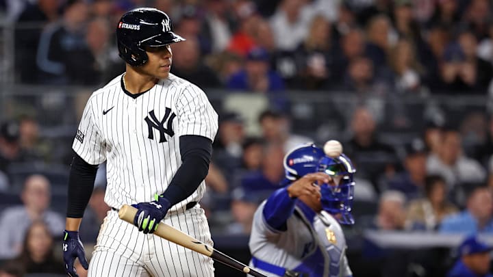 Oct 7, 2024; Bronx, New York, USA; New York Yankees outfielder Juan Soto (22) reacts after striking out against the Kansas City Royals in the third inning during game two of the ALDS for the 2024 MLB Playoffs at Yankee Stadium. Mandatory Credit: Vincent Carchietta-Imagn Images Oct 7, 2024; Bronx, New York, USA; New York Yankees outfielder Juan Soto (22) reacts after striking out against the Kansas City Royals in the third inning during game two of the ALDS for the 2024 MLB Playoffs at Yankee Stadium. Mandatory Credit: Vincent Carchietta-Imagn Images