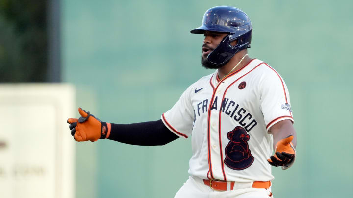 Jun 20, 2024; Fairfield, Alabama, USA; San Francisco Giants outfielder Heliot Ramos (17) rounds the bases after hitting a home run during the 3rd inning against the St. Louis Cardinals in the MLB at Rickwood Field tribute game to the Negro Leagues. Rickwood Field is the oldest baseball stadium in America. 