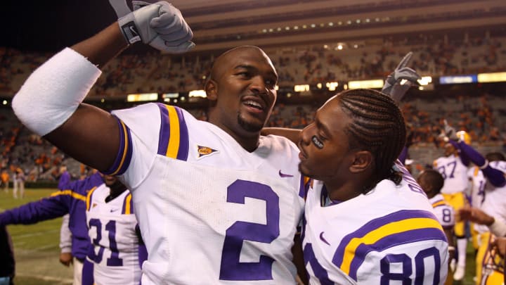 Nov 4, 2006; Knoxville, TN, USA; Louisiana State Tigers quarterback (2) JaMarcus Russell celebrates with receiver (80) Dwayne Bowe after the victory against the Tennessee Volunteers at Neyland Stadium. The Tigers beat the Volunteers 28-24. Mandatory Credit: Matthew Emmons-USA TODAY Sports © copyright Matthew Emmons Nov 4, 2006; Knoxville, TN, USA; Louisiana State Tigers quarterback (2) JaMarcus Russell celebrates with receiver (80) Dwayne Bowe after the victory against the Tennessee Volunteers at Neyland Stadium. The Tigers beat the Volunteers 28-24. Mandatory Credit: Matthew Emmons-USA TODAY Sports © copyright Matthew Emmons