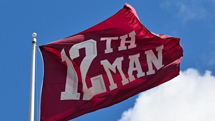 Oct 5, 2024; College Station, Texas, USA; A detail view of the 12th Man flag during the game between the Texas A&M Aggies and the Missouri Tigers at Kyle Field. Mandatory Credit: Maria Lysaker-Imagn Images. Oct 5, 2024; College Station, Texas, USA; A detail view of the 12th Man flag during the game between the Texas A&M Aggies and the Missouri Tigers at Kyle Field. Mandatory Credit: Maria Lysaker-Imagn Images.