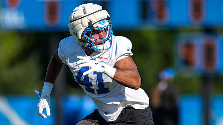 Detroit Lions linebacker Anthony Pittman (41) practices during training camp at Meijer Performance Center in Allen Park on Tuesday, July 22, 2025.